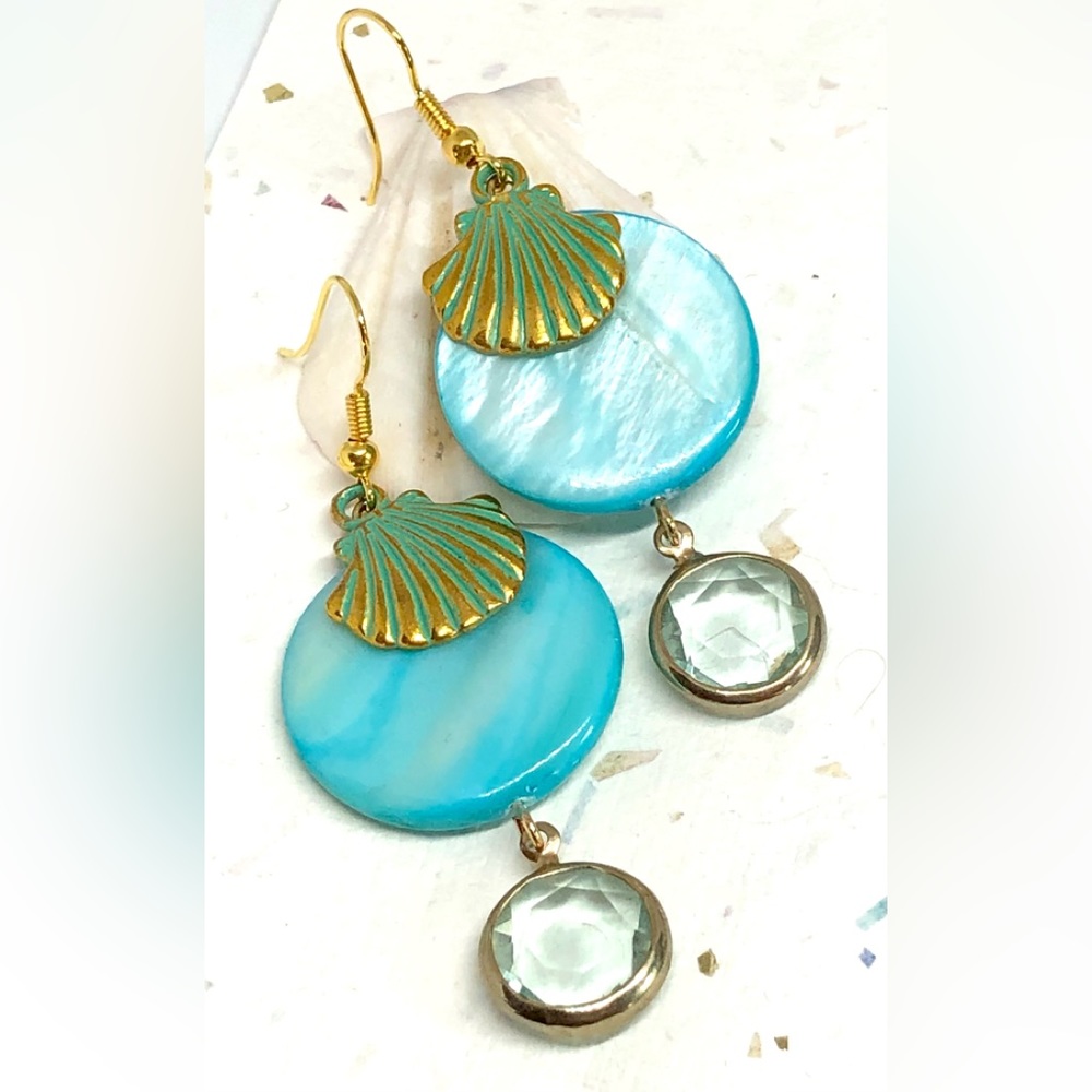Turquoise Blue Shell with Gold Patina Scallop Charm & Aqua Glass Bezel Earrings